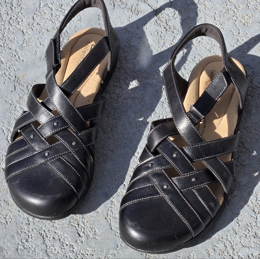 Clarks Collection Sz 9.5 Leather Fisherman Sandals Elizabelle Sea Black - Picture 6 of 15